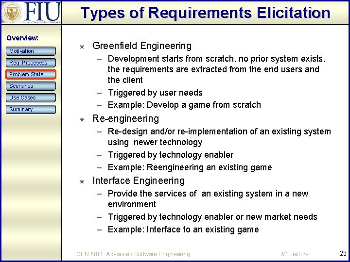 Types of Requirements Elicitation Overview: Motivation Greenfield Engineering – Development starts from scratch, no
