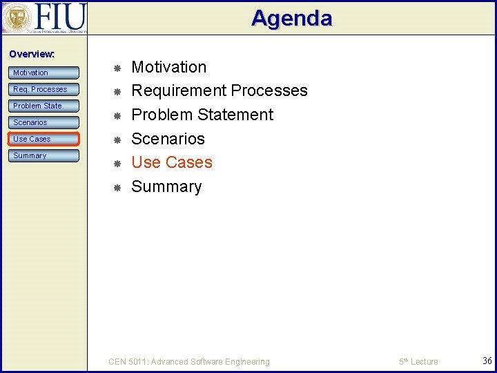 Agenda Overview: Motivation Req. Processes Problem State. Scenarios Use Cases Summary Motivation Requirement Processes
