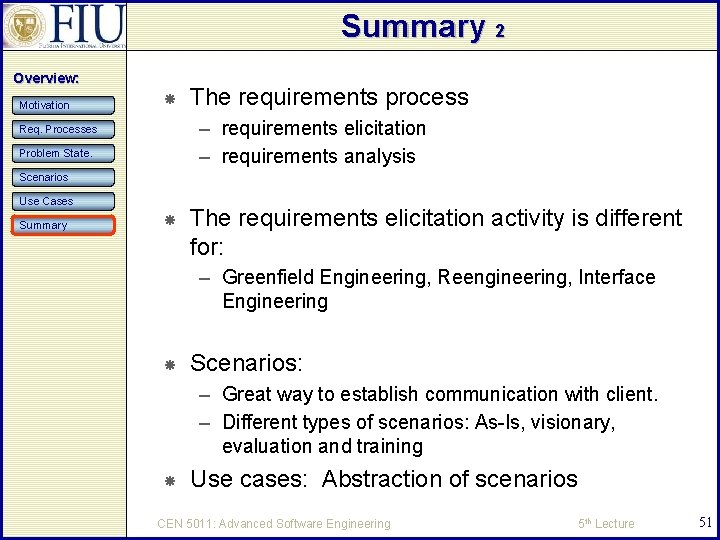 Summary 2 Overview: Motivation The requirements process – requirements elicitation – requirements analysis Req.
