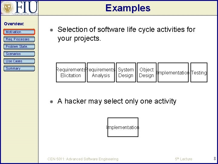 Examples Overview: Motivation Req. Processes Selection of software life cycle activities for your projects.