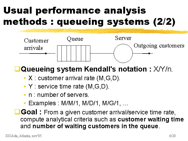 Usual performance analysis methods : queueing systems (2/2) Customer arrivals Queue Server Outgoing customers