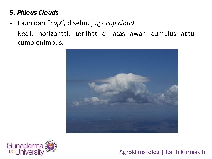 5. Pilleus Clouds - Latin dari “cap”, disebut juga cap cloud. - Kecil, horizontal,