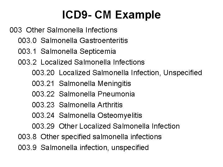 ICD 9 - CM Example 003 Other Salmonella Infections 003. 0 Salmonella Gastroenteritis 003.