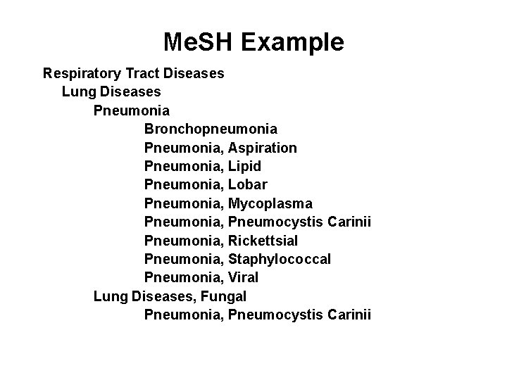 Me. SH Example Respiratory Tract Diseases Lung Diseases Pneumonia Bronchopneumonia Pneumonia, Aspiration Pneumonia, Lipid