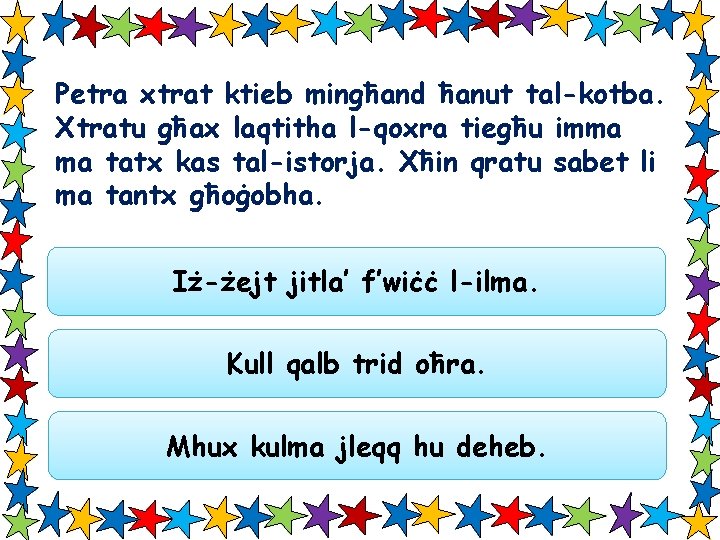Petra xtrat ktieb mingħand ħanut tal-kotba. Xtratu għax laqtitha l-qoxra tiegħu imma ma tatx