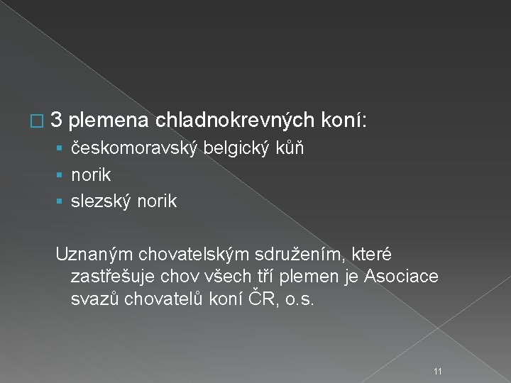 � 3 plemena chladnokrevných koní: § českomoravský belgický kůň § norik § slezský norik