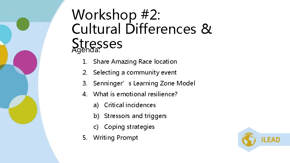 Workshop #2: Cultural Differences & Stresses Agenda: 1. Share Amazing Race location 2. Selecting