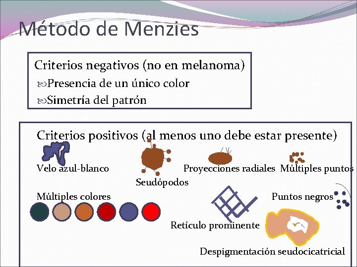 Método de Menzies Criterios negativos (no en melanoma) Presencia de un único color Simetría