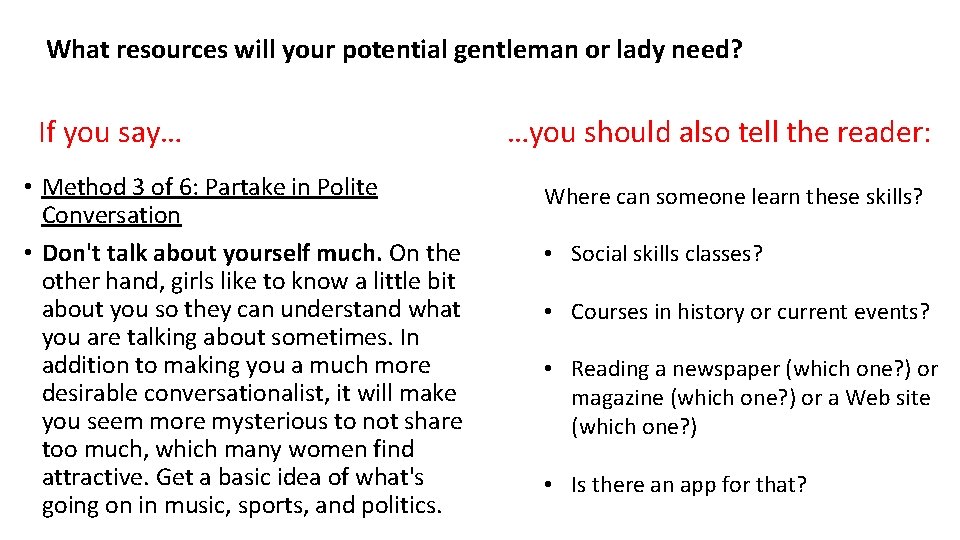 What resources will your potential gentleman or lady need? If you say… • Method