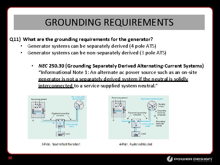 GROUNDING REQUIREMENTS Q 11) What are the grounding requirements for the generator? • Generator