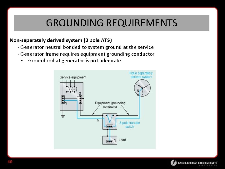 GROUNDING REQUIREMENTS Non-separately derived system (3 pole ATS) - Generator neutral bonded to system