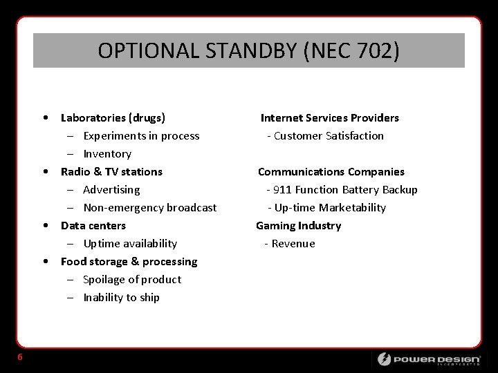 OPTIONAL STANDBY (NEC 702) • Laboratories (drugs) Internet Services Providers – Experiments in process