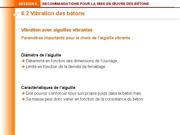 SESSION 6 RECOMMANDATIONS POUR LA MISE EN ŒUVRE DES BÉTONS 6. 2 Vibration des