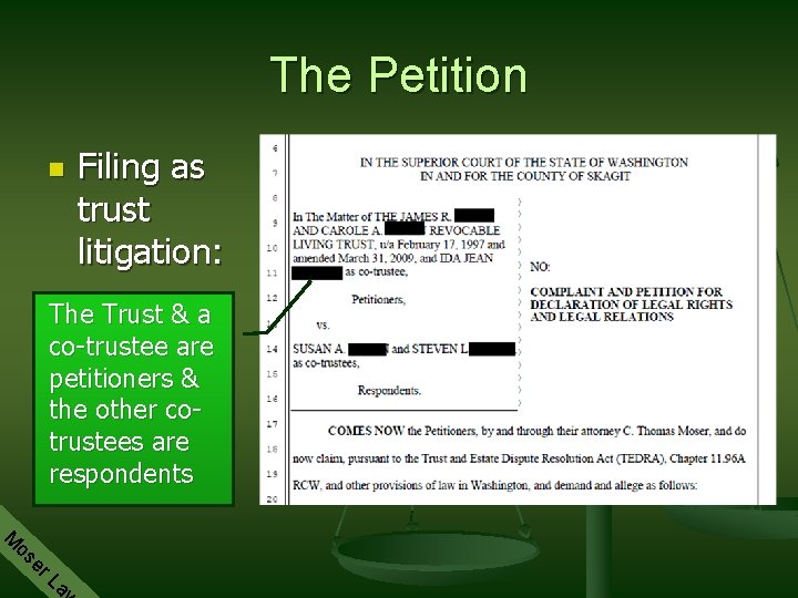 The Petition n Filing as trust litigation: The Trust & a co-trustee are petitioners