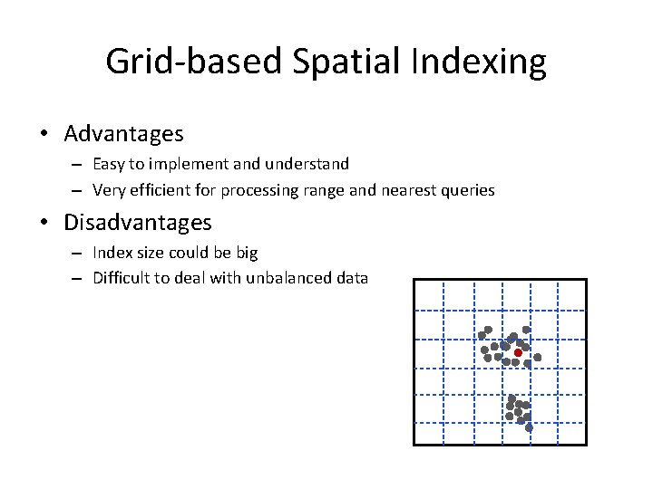 Grid-based Spatial Indexing • Advantages – Easy to implement and understand – Very efficient