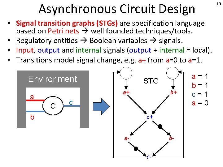 Asynchronous Circuit Design • Signal transition graphs (STGs) are specification language based on Petri