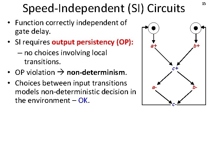 Speed-Independent (SI) Circuits • Function correctly independent of gate delay. • SI requires output