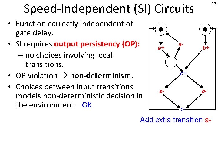 Speed-Independent (SI) Circuits • Function correctly independent of gate delay. • SI requires output