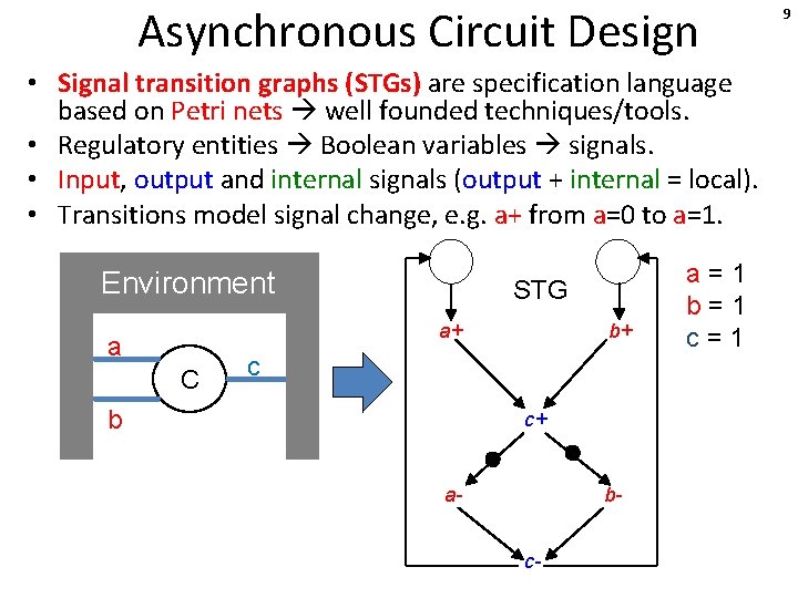 Asynchronous Circuit Design • Signal transition graphs (STGs) are specification language based on Petri