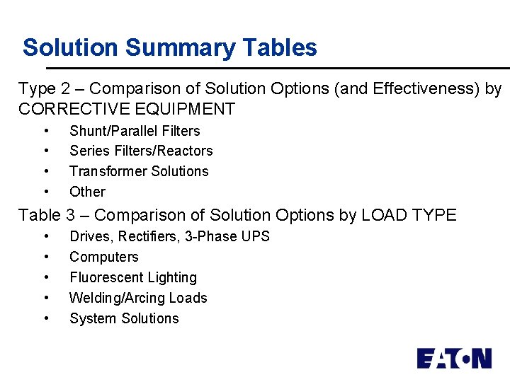 Solution Summary Tables Type 2 – Comparison of Solution Options (and Effectiveness) by CORRECTIVE