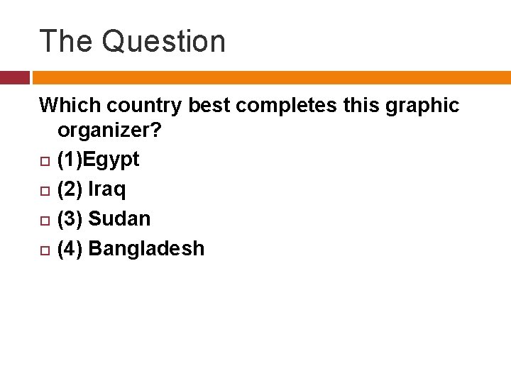 The Question Which country best completes this graphic organizer? (1)Egypt (2) Iraq (3) Sudan