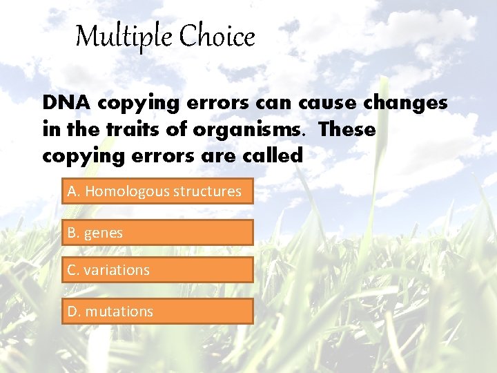 Multiple Choice DNA copying errors can cause changes in the traits of organisms. These