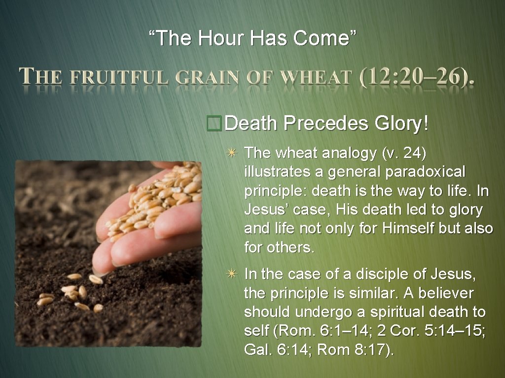 “The Hour Has Come” �Death Precedes Glory! ✴ The wheat analogy (v. 24) illustrates