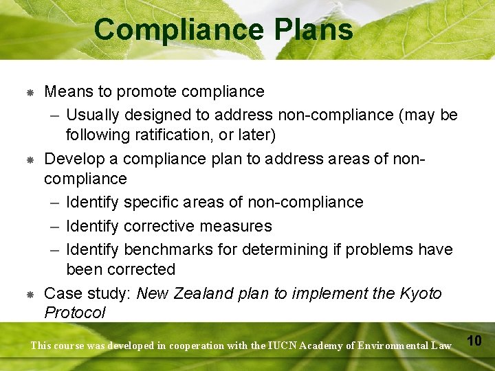 Compliance Plans Means to promote compliance – Usually designed to address non-compliance (may be