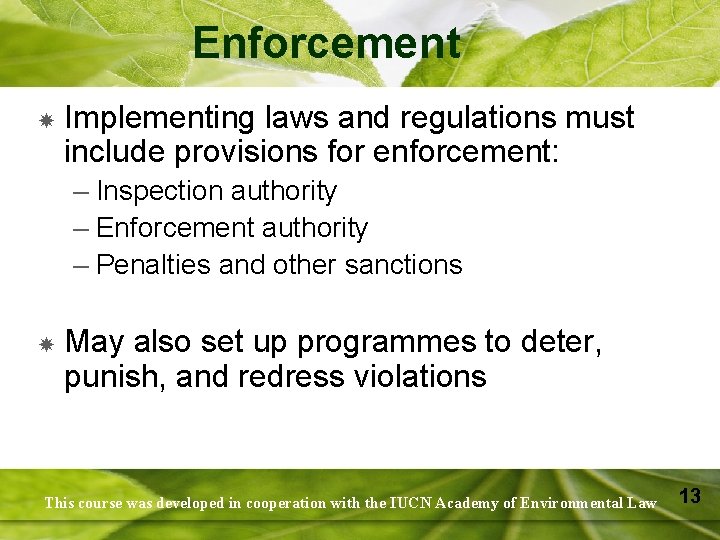 Enforcement Implementing laws and regulations must include provisions for enforcement: – Inspection authority –
