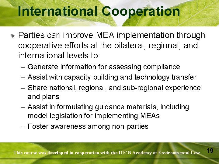 International Cooperation Parties can improve MEA implementation through cooperative efforts at the bilateral, regional,