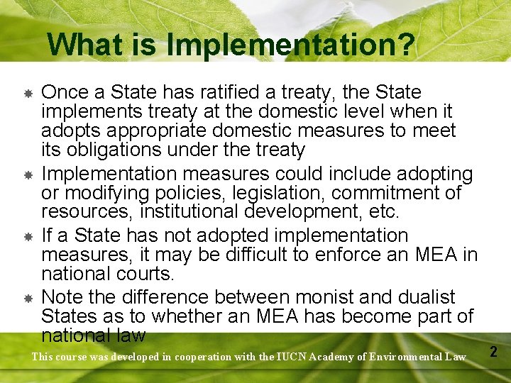 What is Implementation? Once a State has ratified a treaty, the State implements treaty