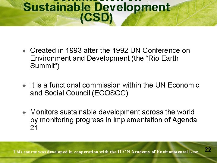 Commission on Sustainable Development (CSD) Created in 1993 after the 1992 UN Conference on