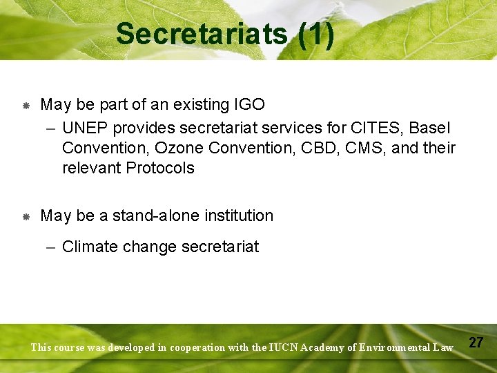 Secretariats (1) May be part of an existing IGO – UNEP provides secretariat services
