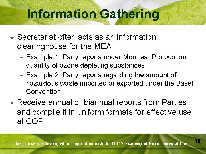 Information Gathering Secretariat often acts as an information clearinghouse for the MEA – Example