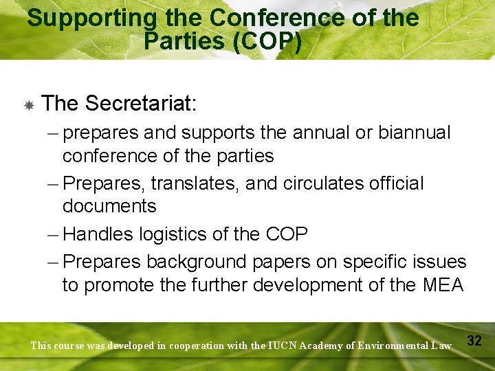 Supporting the Conference of the Parties (COP) The Secretariat: – prepares and supports the