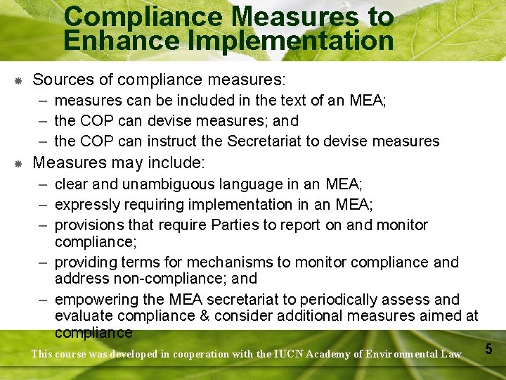 Compliance Measures to Enhance Implementation Sources of compliance measures: – measures can be included