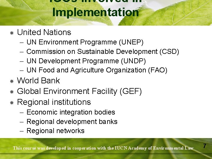 IGOs involved in Implementation United Nations – – UN Environment Programme (UNEP) Commission on