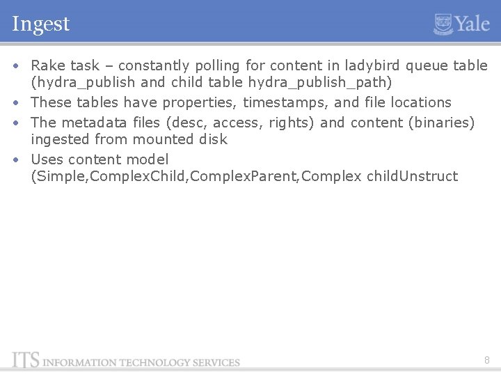 Ingest • Rake task – constantly polling for content in ladybird queue table (hydra_publish