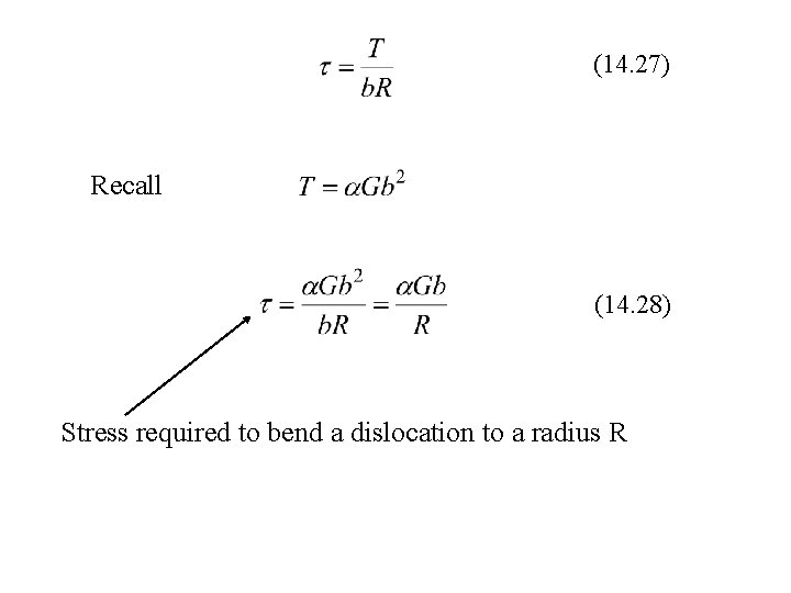 (14. 27) Recall (14. 28) Stress required to bend a dislocation to a radius