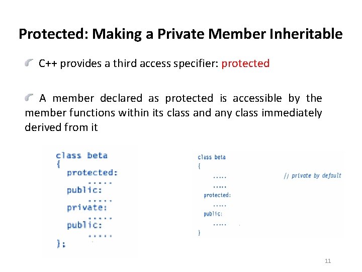 Protected: Making a Private Member Inheritable C++ provides a third access specifier: protected A