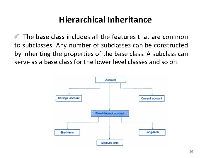 Hierarchical Inheritance The base class includes all the features that are common to subclasses.