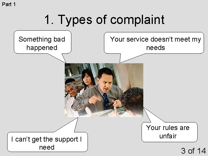 Part 1 1. Types of complaint Something bad happened I can’t get the support Part 1 1. Types of complaint Something bad happened I can’t get the support