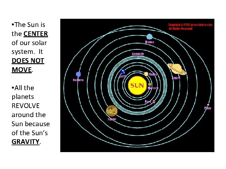  • The Sun is the CENTER of our solar system. It DOES NOT