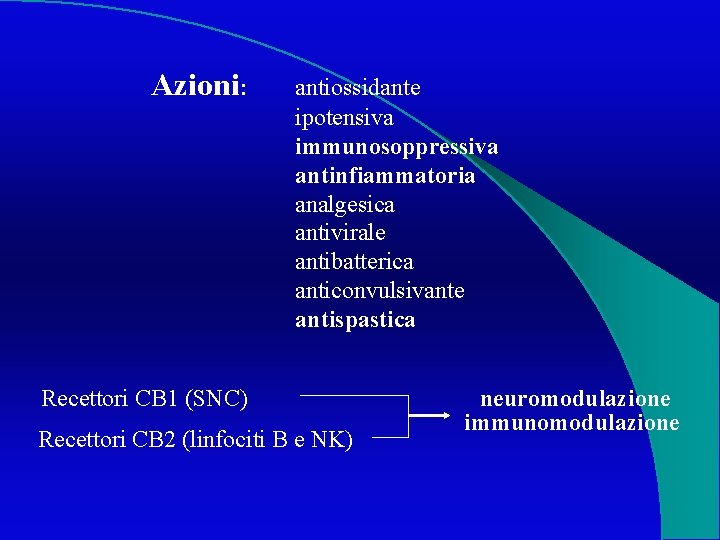 Azioni: antiossidante ipotensiva immunosoppressiva antinfiammatoria analgesica antivirale antibatterica anticonvulsivante antispastica Recettori CB 1 (SNC)