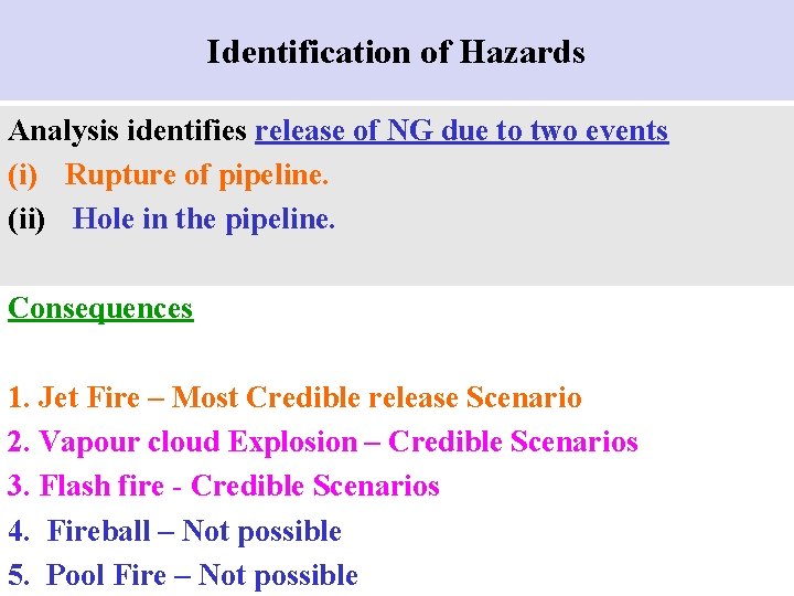 Identification of Hazards Analysis identifies release of NG due to two events (i) Rupture