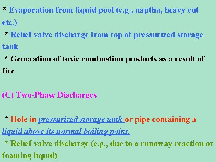 * Evaporation from liquid pool (e. g. , naptha, heavy cut etc. ) *