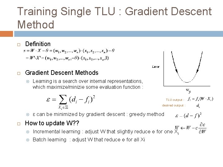Training Single TLU : Gradient Descent Method Definition Gradient Descent Methods Learning is a