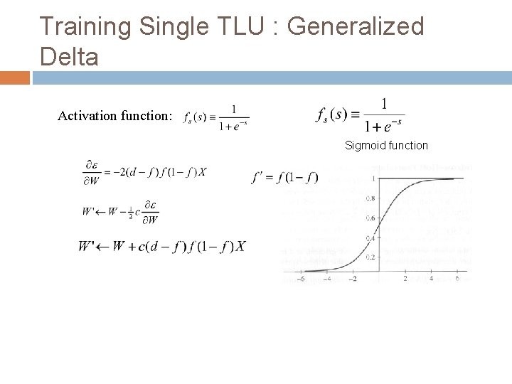 Training Single TLU : Generalized Delta Activation function: Sigmoid function 