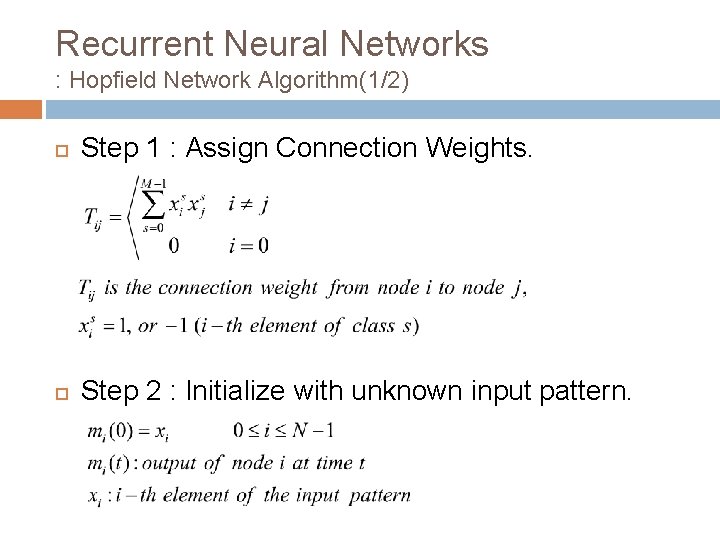 Recurrent Neural Networks : Hopfield Network Algorithm(1/2) Step 1 : Assign Connection Weights. Step
