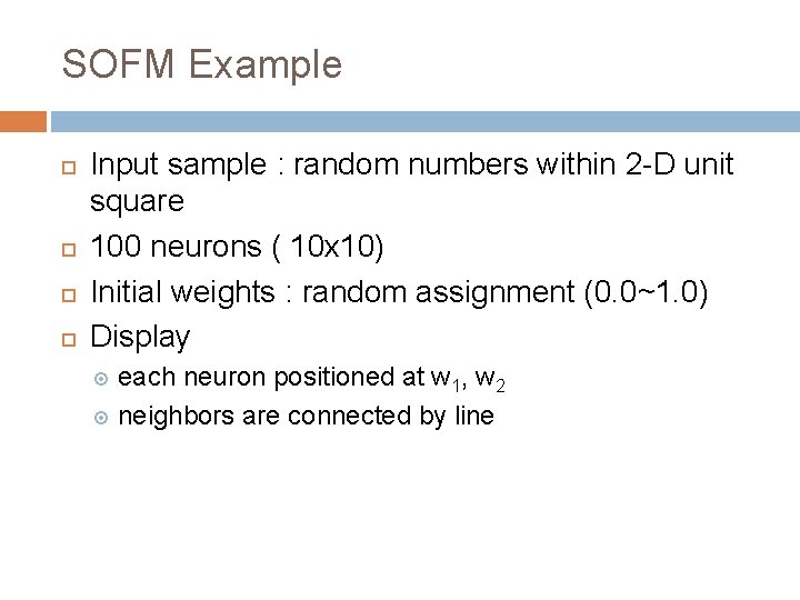 SOFM Example Input sample : random numbers within 2 -D unit square 100 neurons